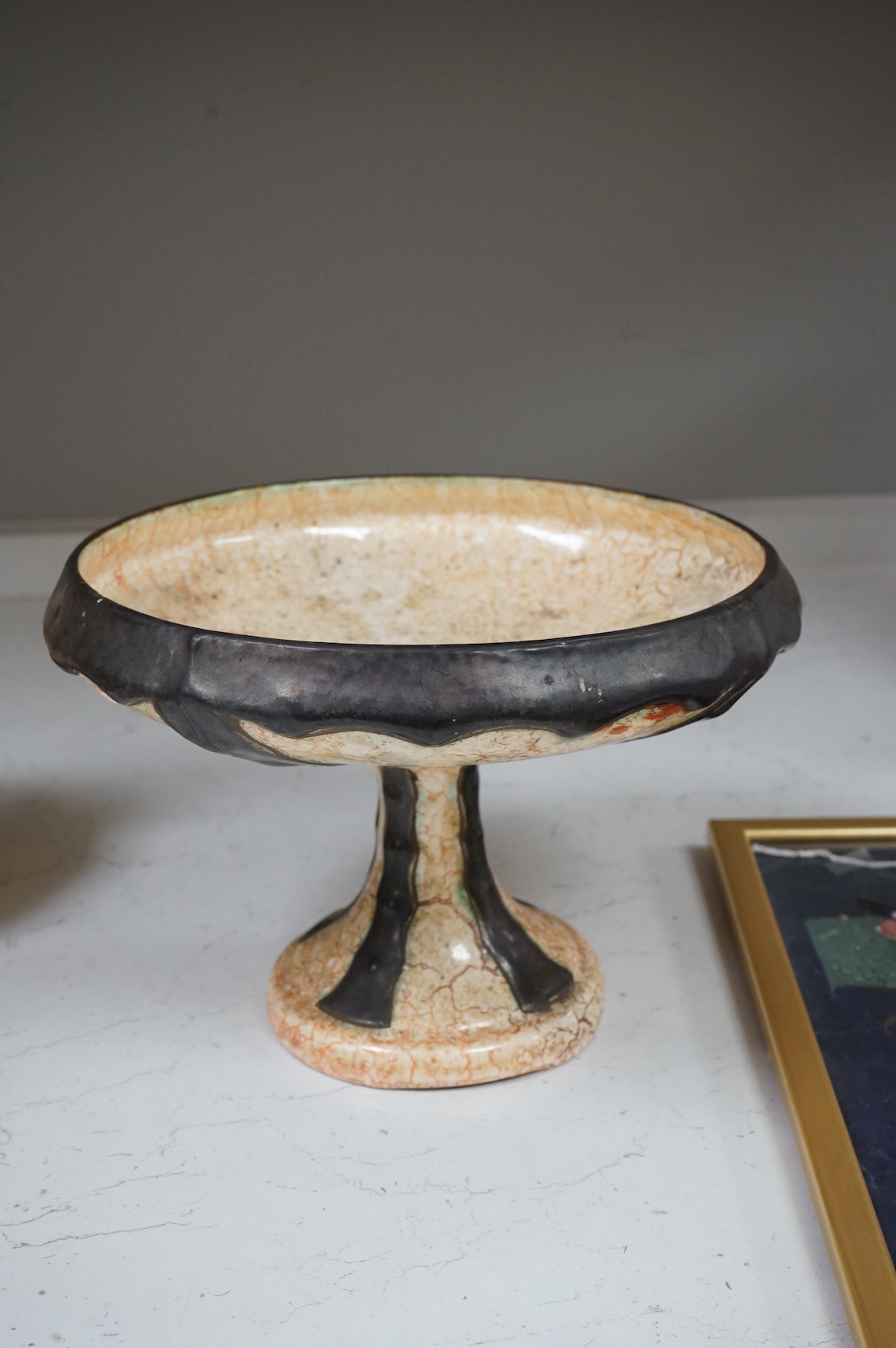 A collection of mostly vases and a comport, of Czech Ditmar Urbach glazed pottery, comport 20cm diameter